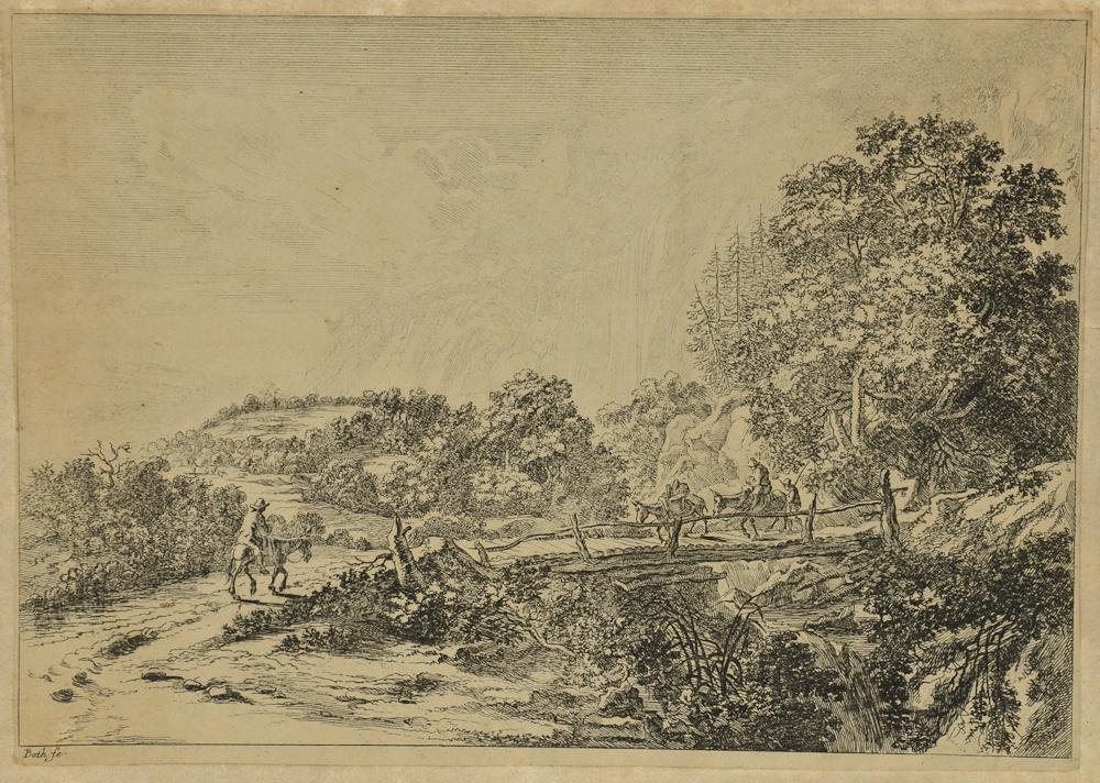 Jan Both Old Master Etching: "The wooden Bridge at Sulmona near Tivoli" Dutch Old Master Landscape etching. The Print on thin chain-lined paper, is lightly glued to a piece of backing paper at six points. work measures