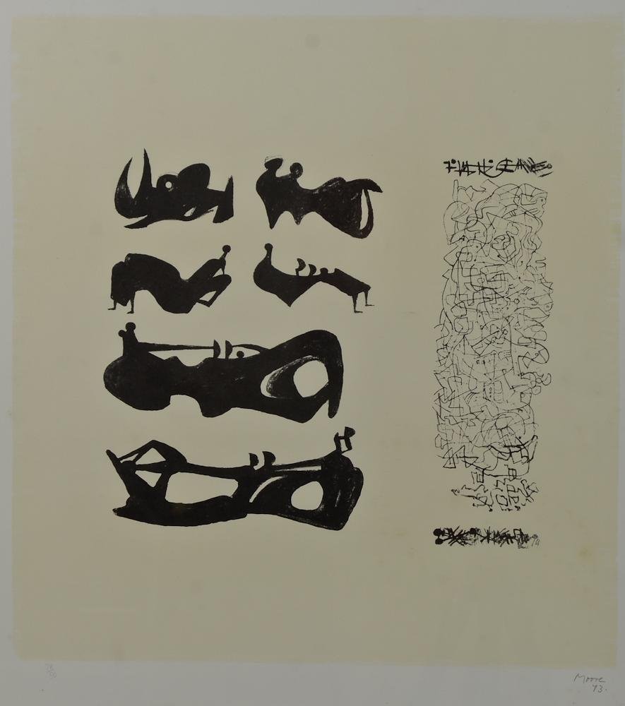 Henry Moore Lithograph: Lithograph on wove paper. Not inspected out of the frame. 30" x 22 1/2" Pencil signed Moore 73' numbered 73/90. light foxing to work throughout. framed in a contemporary metal frame. Not ins