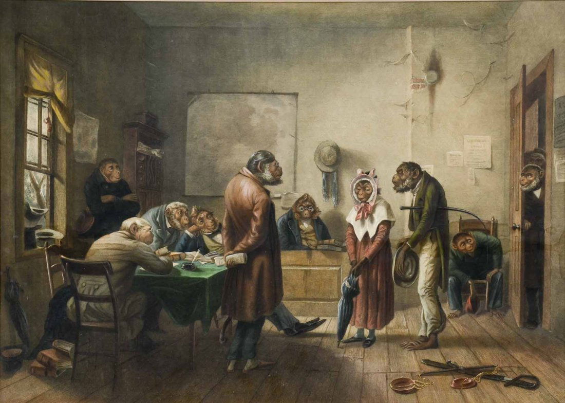 After William Holbrook Beard: Monkey Divorce: Anthropomorphic Monkeys Appear in Court for a divorce in this rare hand-colored American print. 19th Century engraving by Louis R. Menger. work is archival framed and has been inspected out of the fra