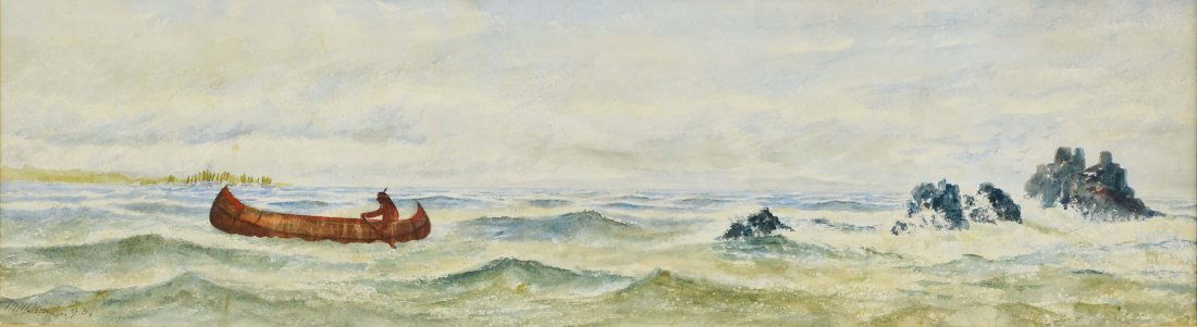 19th Century American Watercolor Seascape: A Native American Indian Furiously paddles his canoe against stormy surf. Signed Lower left W. H. Beard '93. Likely the work of William Holbrook Beard. Framed under glass. Work measures 25" x 8" (by s