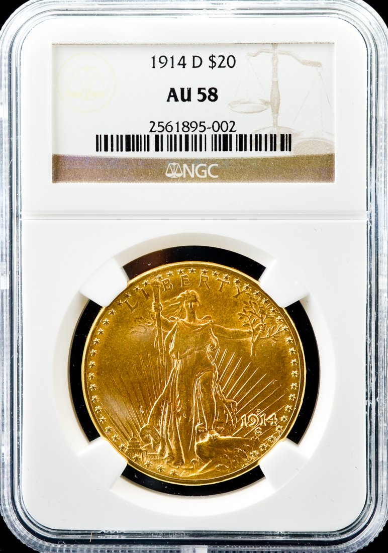 1914 D $20 St. Gaudens Gold Double Eagle: NGC Graded AU 58.