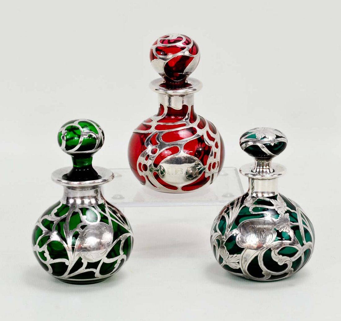 3 Silver overlay Art Glass Perfume Bottles (1 of 4)