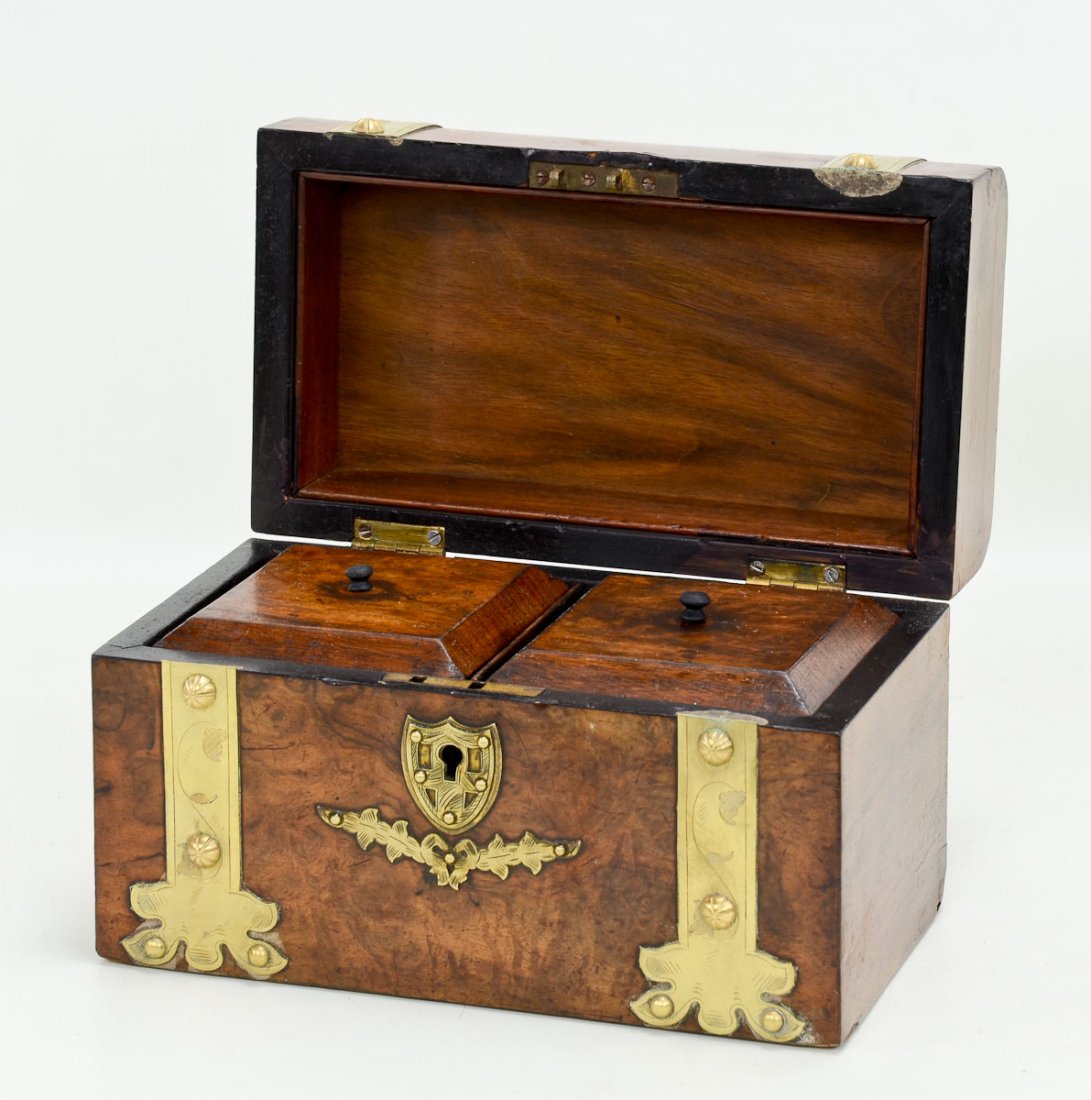 English walnut and brass tea caddy (1 of 6)
