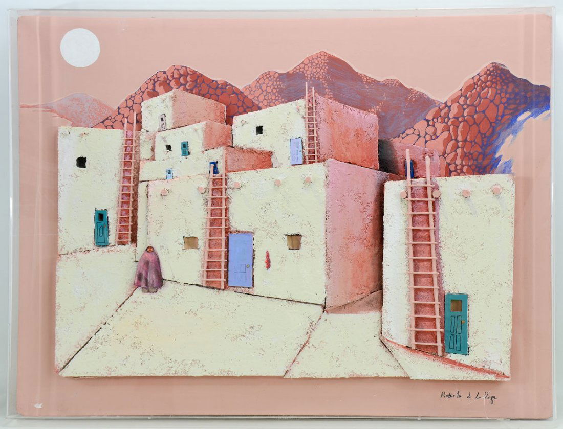 Roberta De La Vega (20th Century): Mixed Media on Canvas. Pueblo dwelling, oil on canvas, sponge and found objects Framed under plexiglass. Original Exhibition tag on back of frame, signed lower right. 40" wide, 30" tall, 3" deep. mino