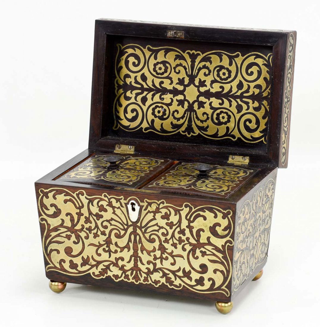 English Rosewood & Brass Inlaid Tea Caddy (1 of 4)