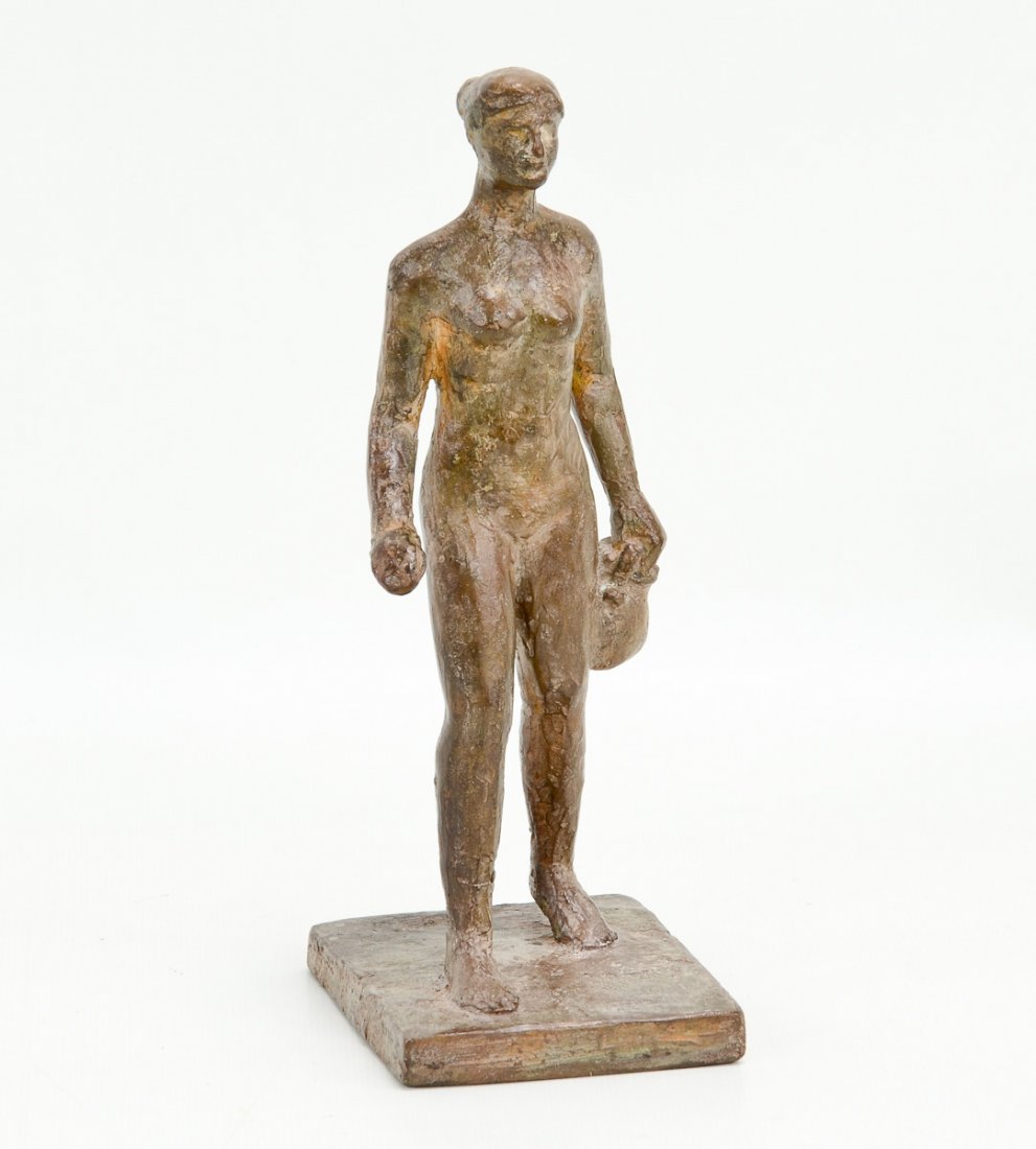 Continental Bronze figure: Bronze sculpture of a nude carrying a water jug. Patinated Bronze with Illegible Foundry mark and WFK monogram. good condition. 8.5" tall. Likely Germany, 20th Century.