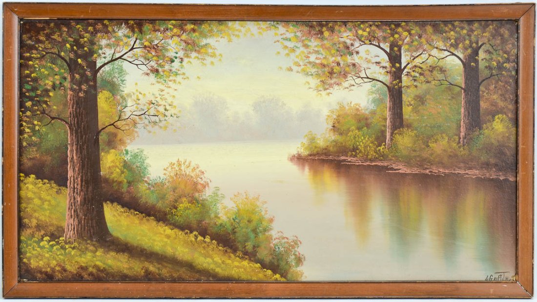 Lorenz Giffith Oil on Board Landscape: Signed Lower right. Woodland Landscape. Work measures 16" x 30" frame measures 32" x 18" frame digns and losses. work chipped on the lower right corner.