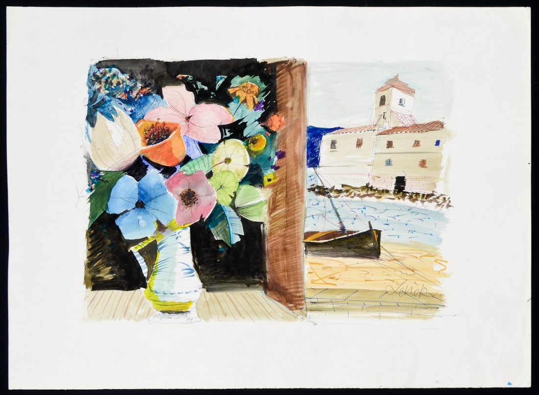 Charles Levier Watercolor landscape: Mid 20th Century, Still life of flowers and seascape through window beyond. Signed Lower right, Excellent original condition. overall 30" x 22" unframed.