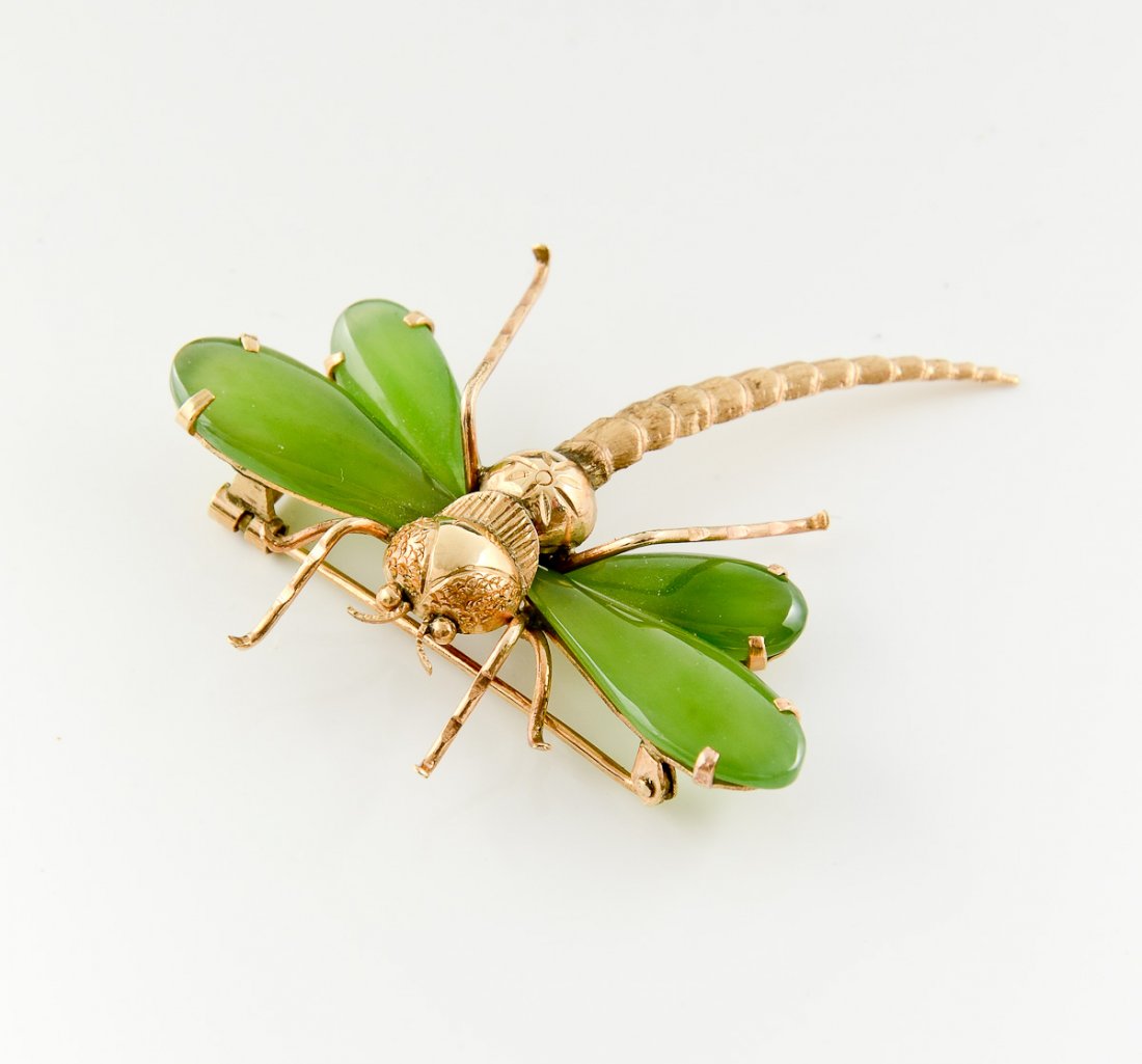 Chinese 14K Jade Dragonfly pin (1 of 2)