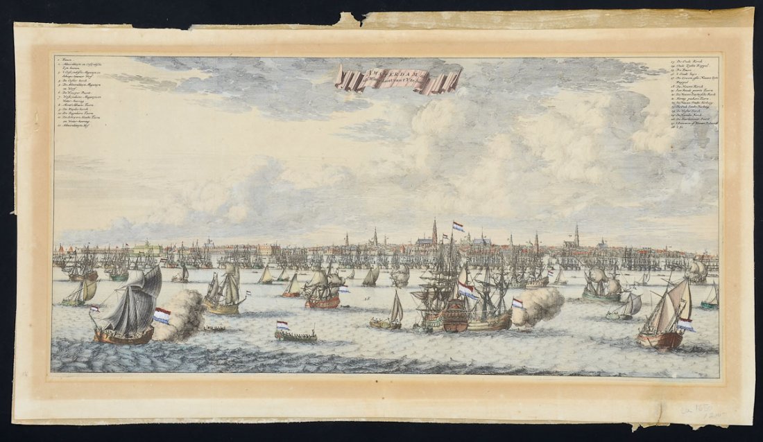 Dutch Hand colored Map of Amsterdam: Circa 1650 titled: "Amsterdam aan de waterkant van t'Y te sien" previously framed, ghosting around image. center scratch, good margins. overall measurement: 23" x 12"
