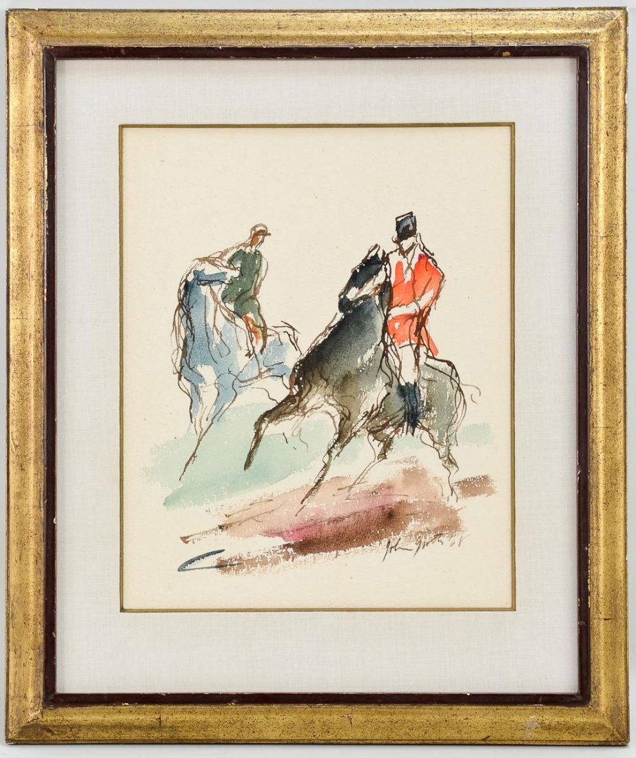John Groth Watercolor: Equestrian theme painting by Artist John Groth, retailed by the Gallery On Six. with original exhibition notice and information on back, along with copyright stamp. Framed under glass, not inspected o