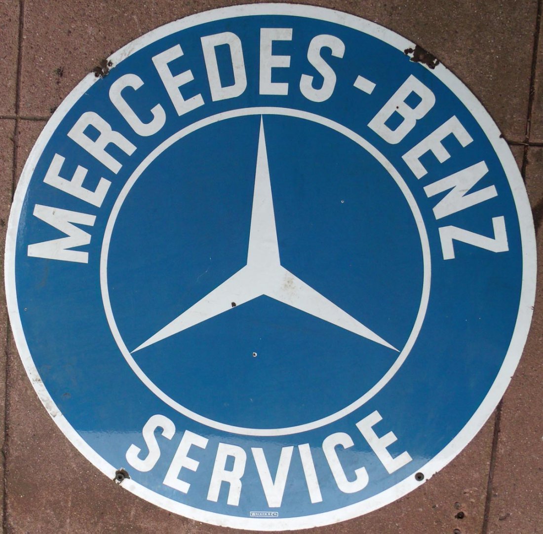 Mercedes Benz porcelain sign: Mercedes Benz double sided porcelain sign, signed Walker , 42 inch dia