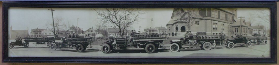 Photo of East Providence, RI fire trucks,: Panoramic photo of East Providence, RI fire trucks, ca 1930, Ahrens Fox, Reo, Alco ?, Ford T, 36 x 8