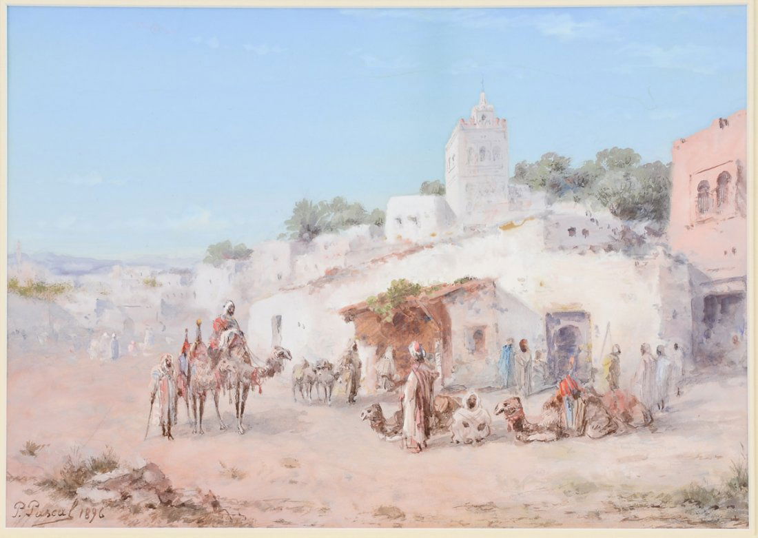 Paul Pascal Orientalist Landscape: Paul B Pascal (1832 - c. 1903), Gouache, Middle Eastern scene of camels and Bedouin people in a village. Signed and dated 1896 lower left, Excellent condition, nicely framed and matted. Frame measures