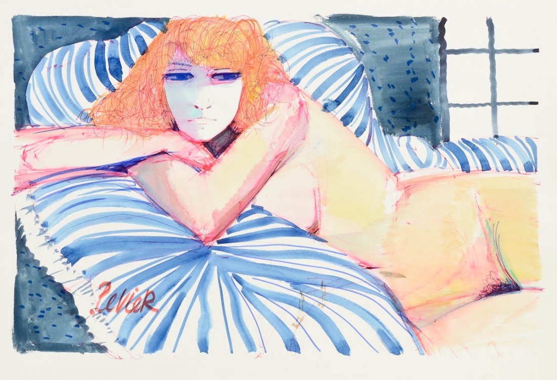 Charles Levier Reclining Nude Watercolor: French, Mid Century, Charles Levier watercolor & ink, paper 29.5" x 21.5", image 24" x 15", image of reclining nude, quick gestural ink lines, good condition.