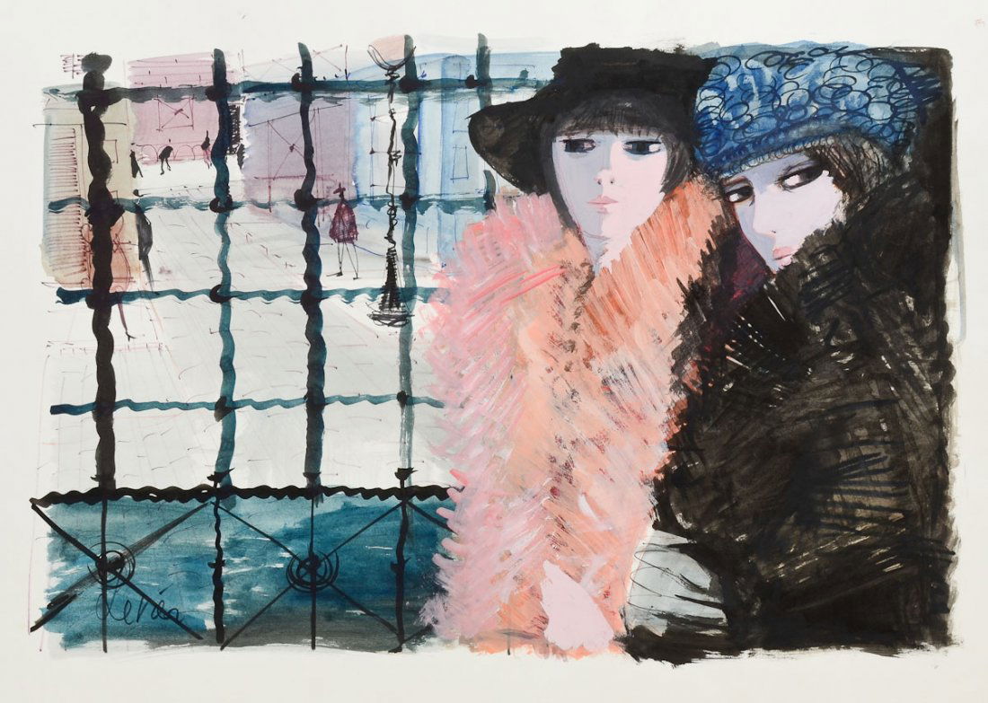 Charles Levier Watercolor: 2 women (1 of 2)
