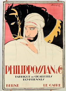 Charles Loupot Advertising Poster: Original Art Deco French Advertising poster. The poster reads Philippossian & Co. Fabrique De Cigarettes, there are fold marks, approximately 13" repair along a fold line and some stains, 49.5" x