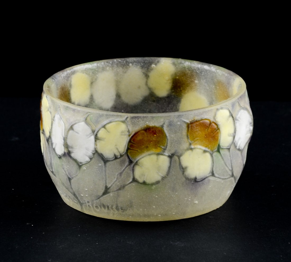 Gabrielle Argy-Rousseau Pate-de-verre Bowl: Art Glass bowl, Signed G. Argy Rousseau, French first half 20th Century, no cracks, chips, damage or repairs. 2" h x 3 1/2" w