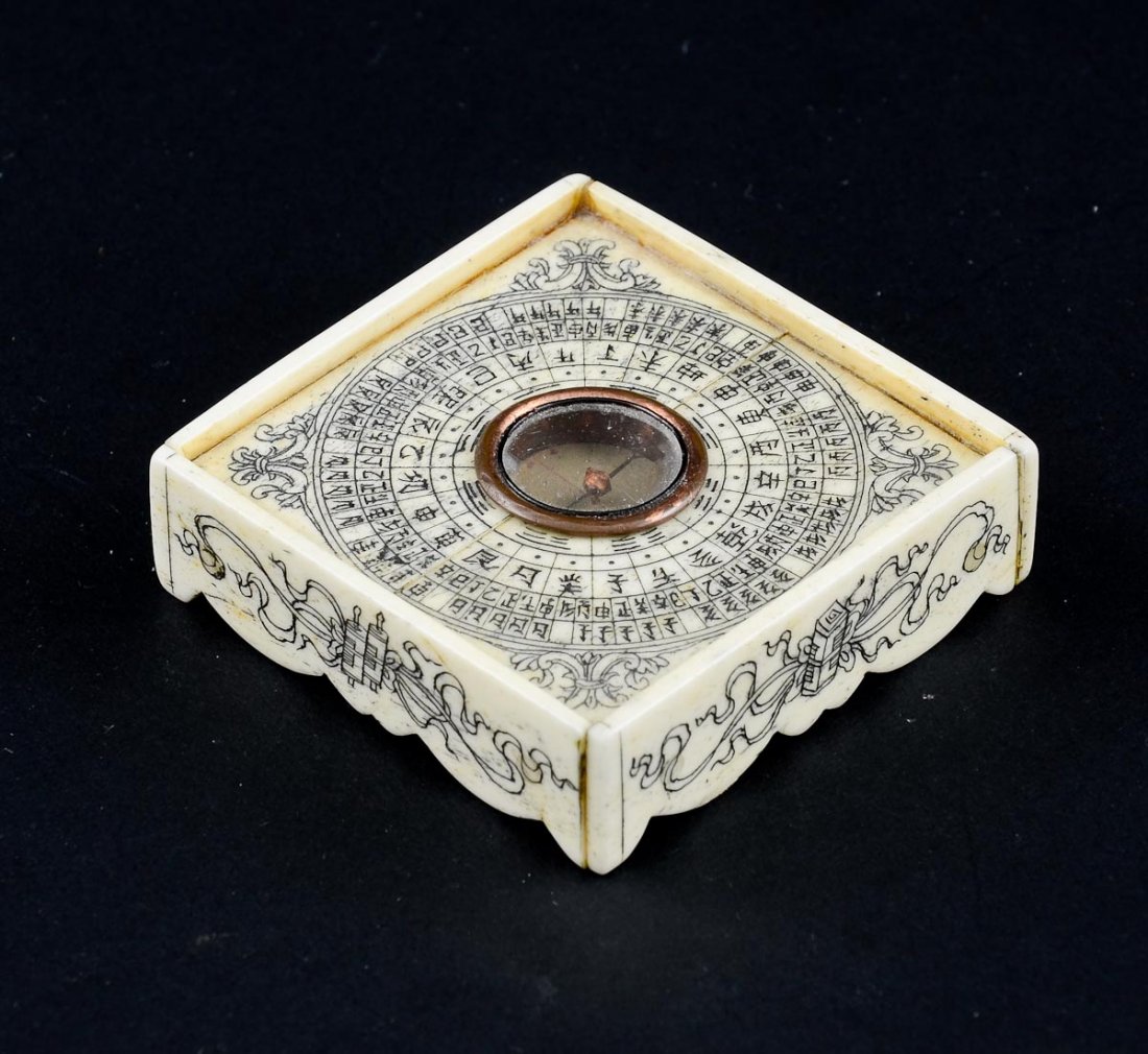 Chinese bone nautical compass: Chinese carved and scrimshaw bone compass set in stand 2 1/4" x 2 1/4" x 1/2". complete, solid condition. 19th Century or earlier.
