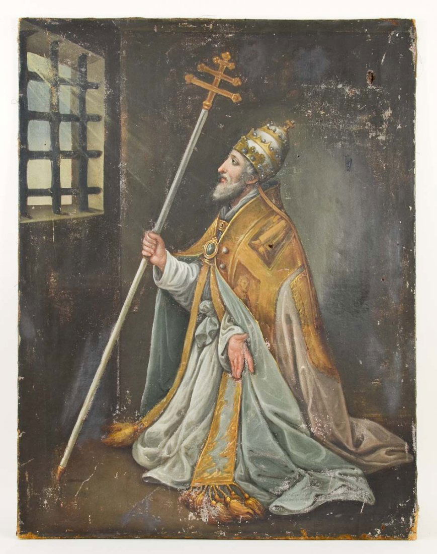 Pope Marcellus Religious Oil Painting: Painting of Pope Marcellus, born 1501, kneeling looking out a window. Oil on linen with old stretcher. possibly 18th Century. 41" h x 31 1/2" w. The canvas is worn with scrapes and scratches and holes