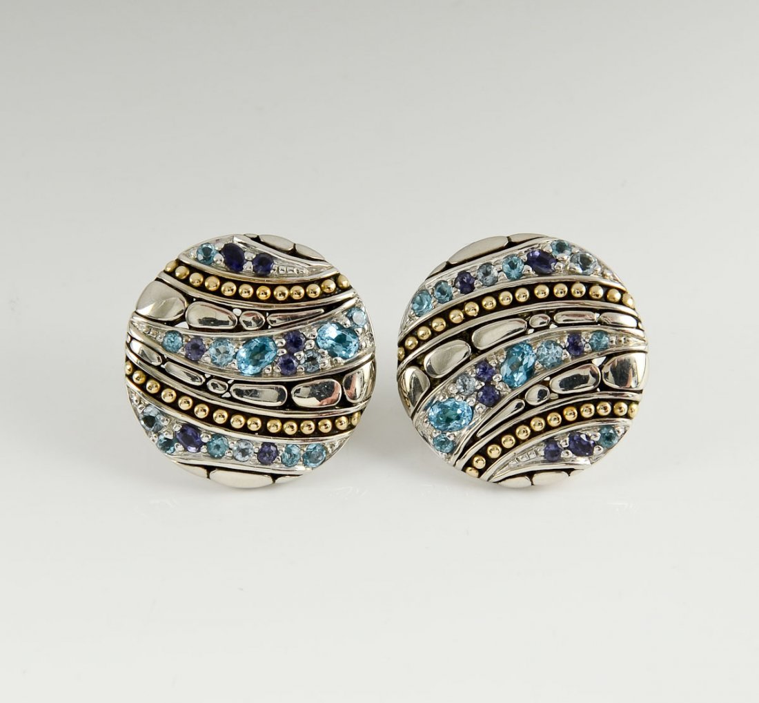 Ladies French Post John Hardy Kali Earrings: Sterling Silver and 18K Gold with gemstones. Signed with John Hardy Hallmark 25mm diameter. excellent condition