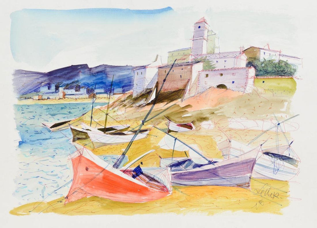 Charles Levier Watercolor seascape: Watercolor and ink rendering of boats moored upon the shore of an ancient town. Good condition with a slight tear on the right side not touching the image. The image is 15 1/2"h x 21"w