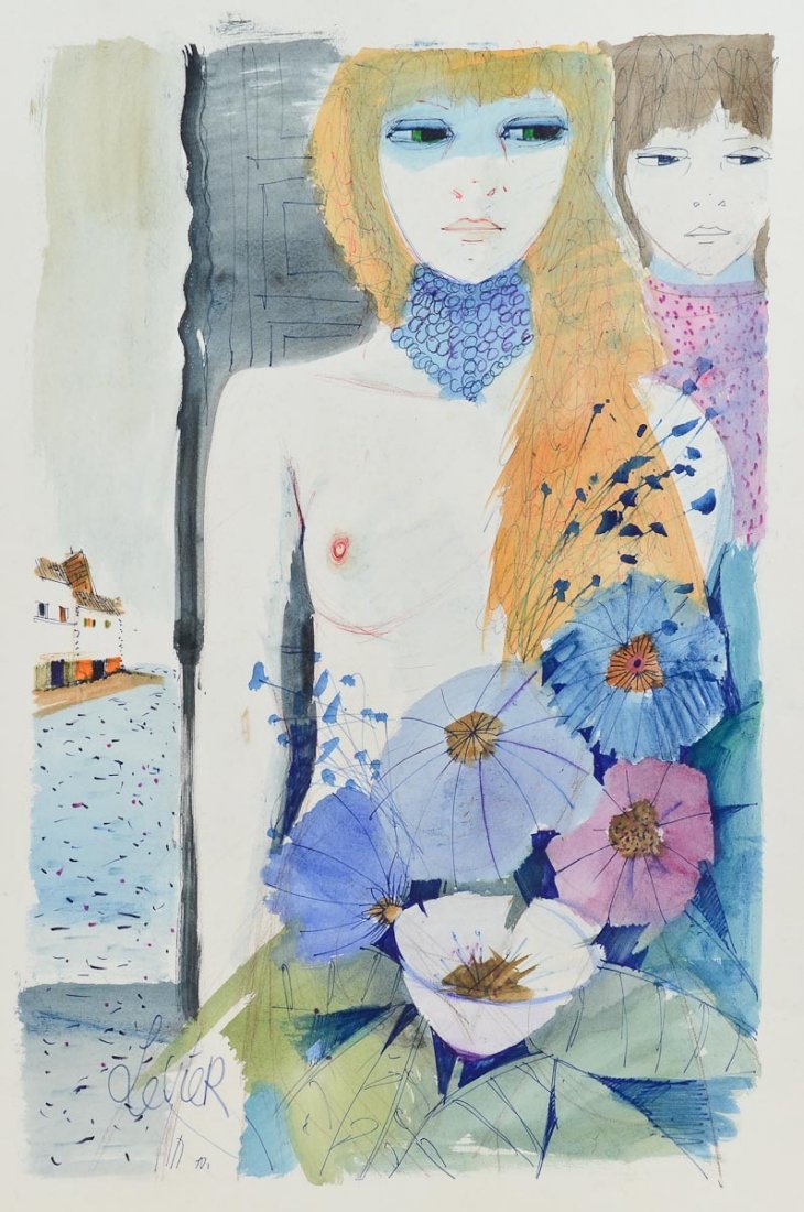 Charles Levier Nude with Flowers Watercolor: Watercolor and ink rendering of a nude with flowers. Good condition. The image is 24 1/2"h x 15 1/2"w