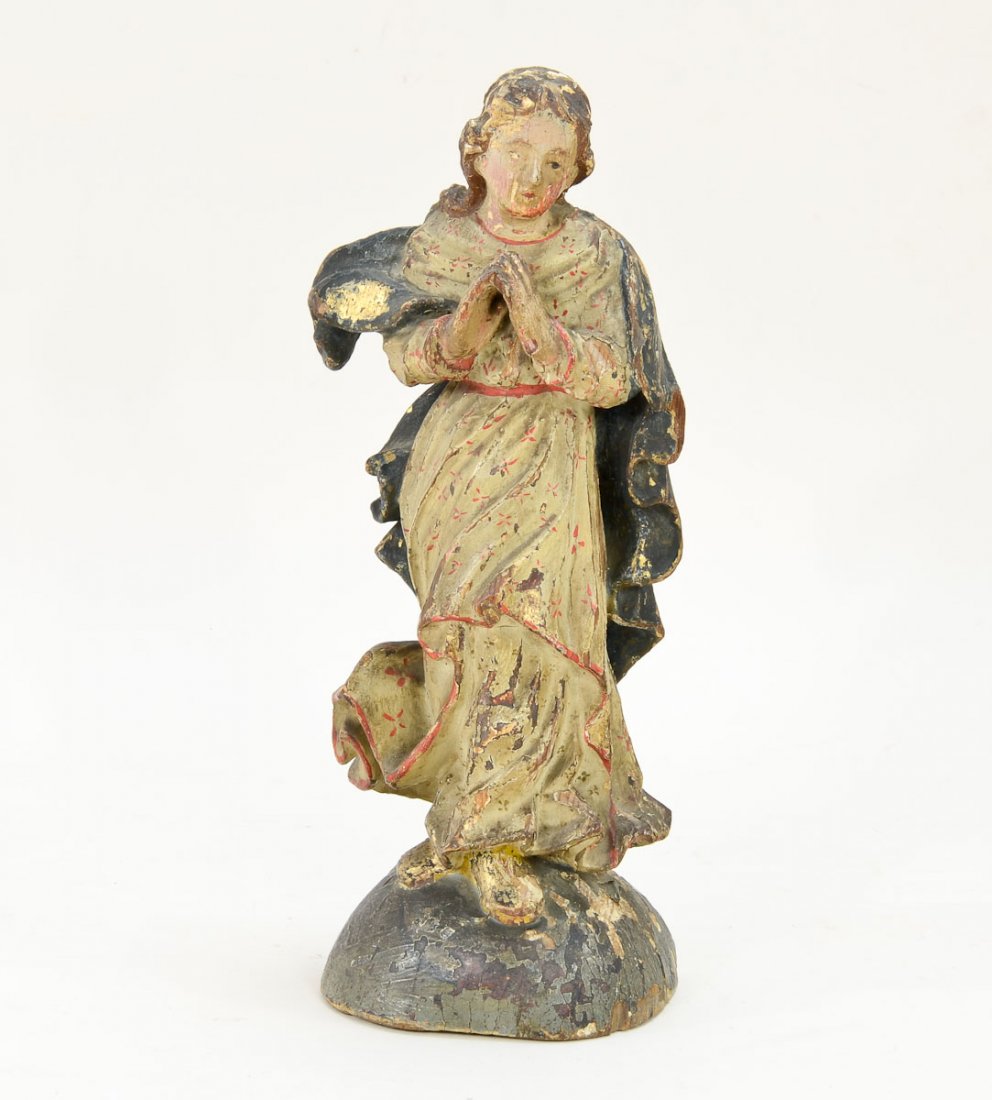 Antique Carved wood angel: Religious wooden carving of an angel. Sometimes called a Santos or Altar piece. possibly Continental or Spanish colonial. 19th Century or earlier. Old museum or collection tags on the back. The paint 