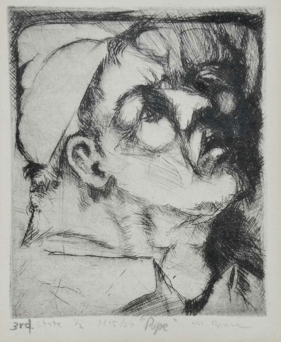 Mid 20th Century Etching of the Pope: Etching on paper, pencil signed: 3rd. State 1/2 3/15/67 "Pope" M. Rivera (or Rivers) floating under the mat. impression is 4.75" x 5.75" framed under glass. frame measures 14" x 11" overall good. work