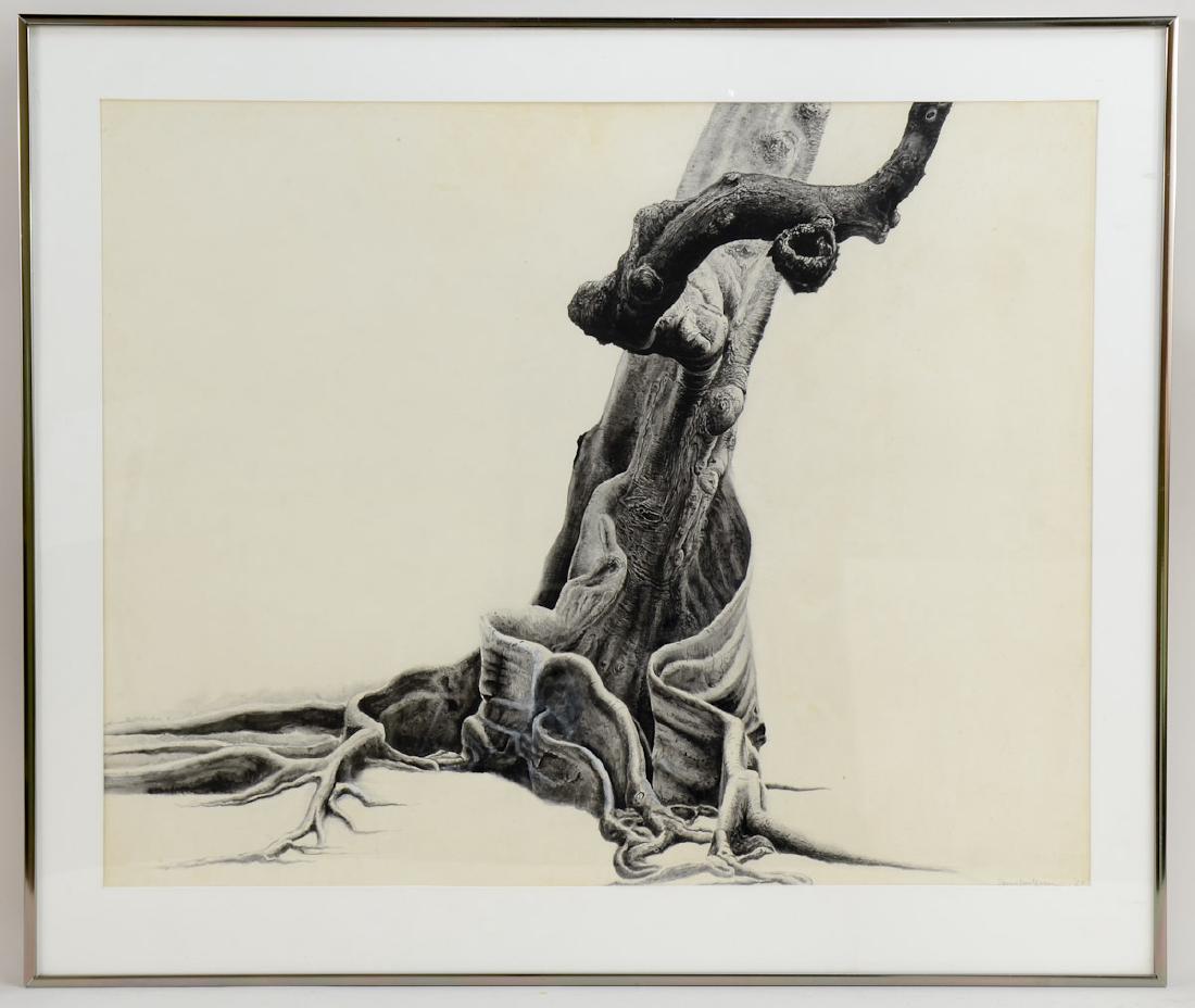 Samuel Greene Watercolor Painting: Samuel Greene (1928) watercolor and gouache painting of a tree trunk. Signed and dated on lower right. This work was created in 1967. Matted and framed. Frame measures 27 1/4" high by 32 1/4" wide. Th