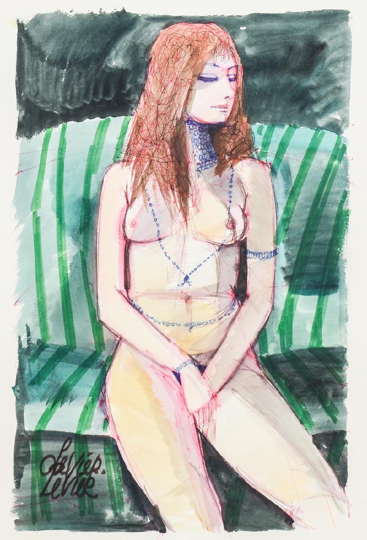 Charles Levier Watercolor Nude: Charles Levier (1920 - 2003) watercolor and ink on paper signed lower left. This piece is unframed. The image measure 23 1/2" high by 15 1/4" wide. Paper measures 27" high by 21 1/2" wide. In very goo