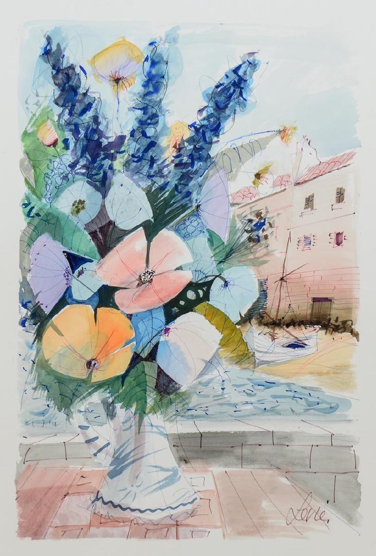 Charles Levier Watercolor Flowers: Charles Levier (1920 - 2003) watercolor and ink on paper signed lower right. This piece is unframed. The image measures 30" high by 20" wide. Paper measures 40" high by 32" wide. Very good condition w