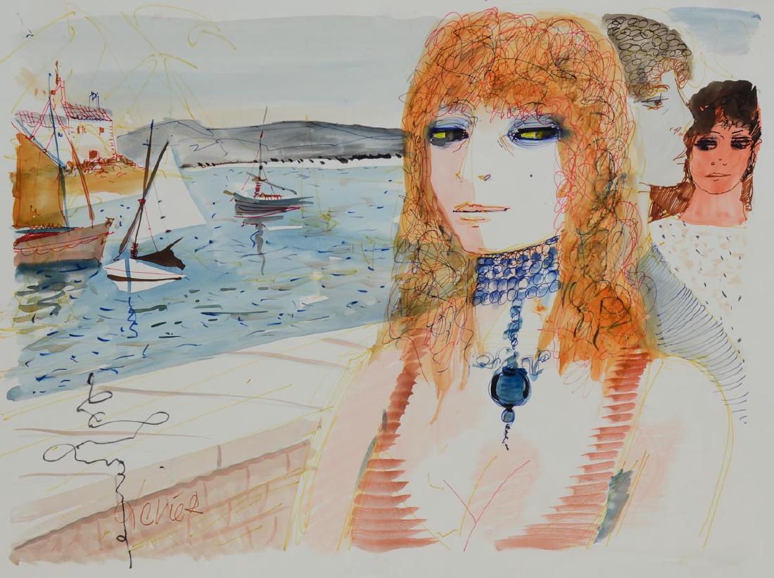 Charles Levier Watercolor Woman & Sailboats (1 of 3)