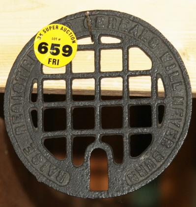 Cast Iron stove top grate for cereal pot - adv't i: Cast Iron stove top grate for cereal pot - adv't item marked " Raise register and cereals will never burn "