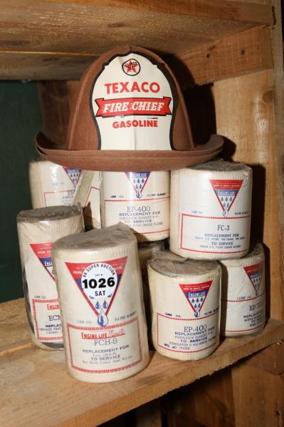 Cotton oil filters & 2 cardboard fire chief hats: Cotton oil filters & 2 cardboard Texaco fire chief hats