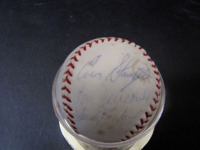 Autographed baseball: Cracker Jack Old Timers game ball Rawlings signed by Enos Slaughter, willie McCovey, Earnie Banks, Whitey Ford, Joe Lopat & more ball point and felt pens used