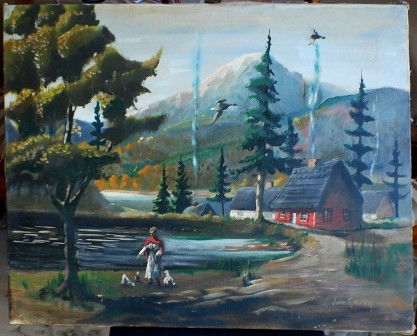 Mountain Village landscape Oil, John Green: Oil on canvas, 24” x 30”, no frame. Dates to 1930-40’s Signed LR. Possibly John Marvin Green (1903 - 1959)