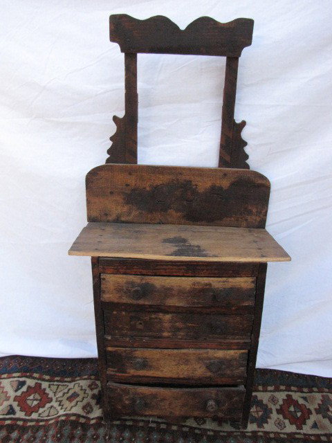 Tramp art doll's dresser: Tramp art doll's dresser 14"w 8" dp. 18" tall to dresser top, 36" to top of mirror frame.