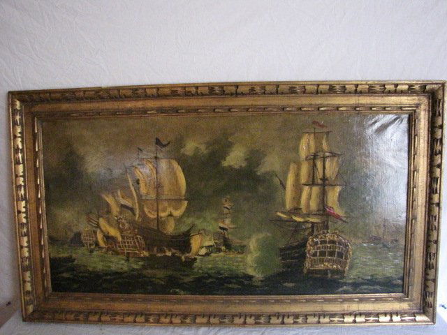 Painting, o/c, seascape, sailing ships at battle: Painting, o/c, seascape, sailing ships at battle, 19" x 29"