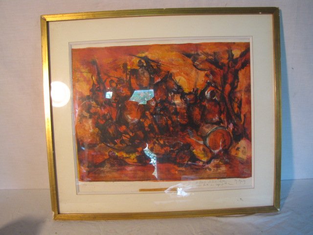 Painting, wc, battle scene, signed & numbered: Painting, wc, battle scene, signed & numbered, 12/100, M. Mouly
