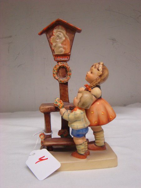FULL BEE HUMMEL FIGURE, ADORATION: 6.75" tall Hummel of little girl and boy praising the Christmas wreath, mold #23/1, has full "bee" mark, impressed "M.J. Hummel" to base, made in Germany, buyer arranges shipping, we can recommend loc