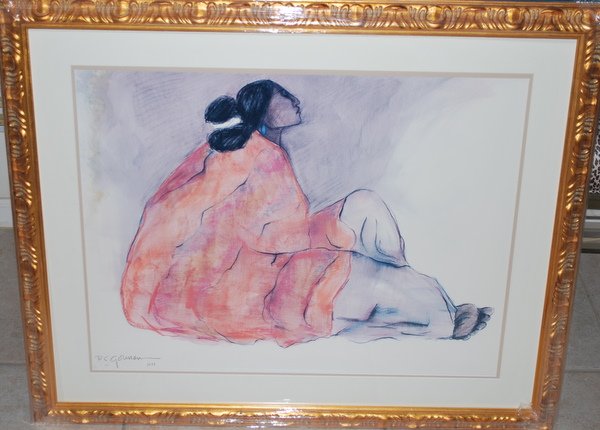 R.C. GORMAN "NATIVE AMERICAN WOMAN" POSTER: Pencil signed and dated 1977, done by one of the most famous artists from the South-West, custom framed, measures: 36" x 29", buyer arranges shipping, we can recommend local shipper.