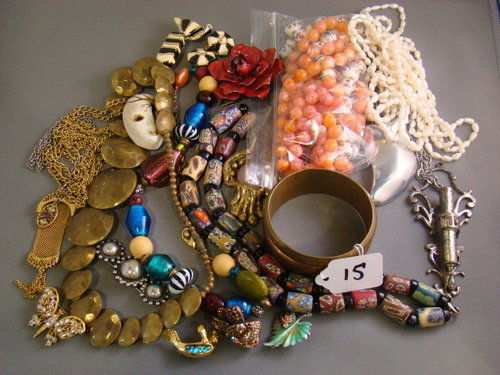 VINTAGE MIXED COSTUME JEWELRY LOT: Including many pieces such as; a ribbon candy pin & earring set, misc. pins, earrings, chains, bracelets, beads, necklaces, sterling, oriental, and assorted costume jewelry, buyer arranges shipping, w