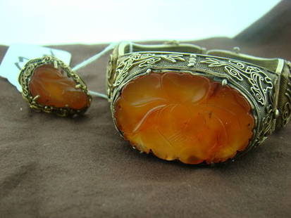 VINTAGE STERLING & AMBER SUITE: Large locking bangle bracelet, all filigreed & sterling w/ Gold wash overlay, amber carved into floral shape; also a matching ring carved into shape of Quan Yin, shipping fee to be added to invoice.