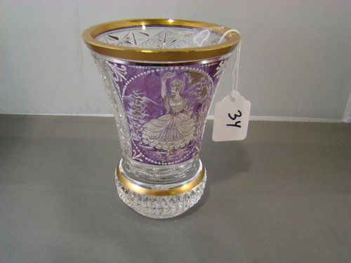 VINTAGE FRENCH CRYSTAL VASE: Approximately 7" tall with flared rim, Gold gilt design, with a lavender cut to clear portrait of a 18th century woman in the manner of Mary Gregory, buyer arranges shipping, we can recommend local sh