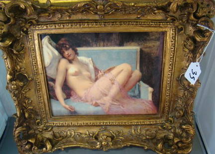 FRAMED LIMOGES PLAQUE OF A NUDE: 20th century 8" x 10" beautifully framed signed limoges plaque of a lying nude, buyer arranges shipping, we can recommend local shipper.