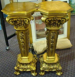 PAIR OF LARGE FLORENTINE STYLE PEDESTALS: Each approx 42" tall gilt painted excellent condition, buyer arranges shipping, we can recommend local shipper.