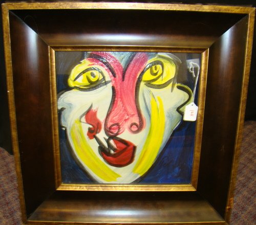 PETER KEIL TRIBUTE TO FRANCIS BACON PAINTING: 1974 original Peter Keil oil on board, from the Berlin Museum, original frame, approx. 14" sq., buyer arranges shipping, we can recommend local shipper.
