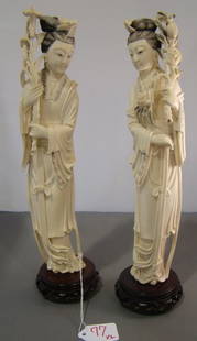 PAIR OF ANTIQUE LARGE IVORY QUAN YIN: Each being approx. 12" tall with base, circa early 20th century, one holding Lotus flower in right hand the other has Lotus flower in left hand, wonderfully detailed, excellent condition on the pair,