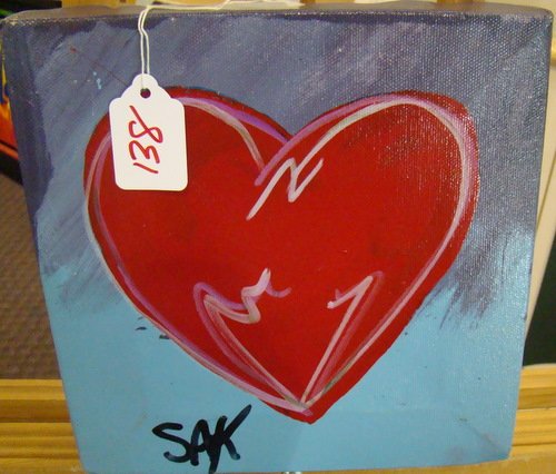 STEPHEN KAUFMAN "HEART" ORIGINAL OIL ON CANVAS: Small piece done by museum exhibited Pop artist and former colleague of Andy Warhol whom has recently passed away, hand signed piece, measures approx. 8" sq., buyer arranges shipping, we can recommend
